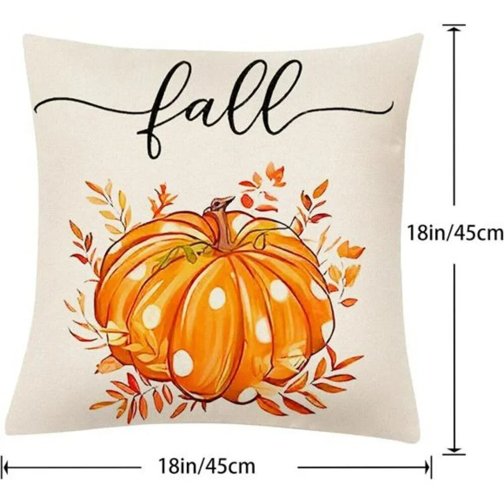 Fall Pumpkin Pillow Covers 18x18 Set of 4 Linen Throw Cases Autumn Thanksgiving